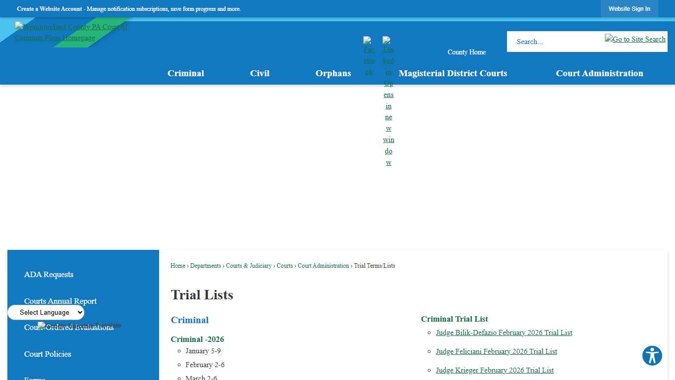 Trial Lists Westmoreland County, PA - Official Website