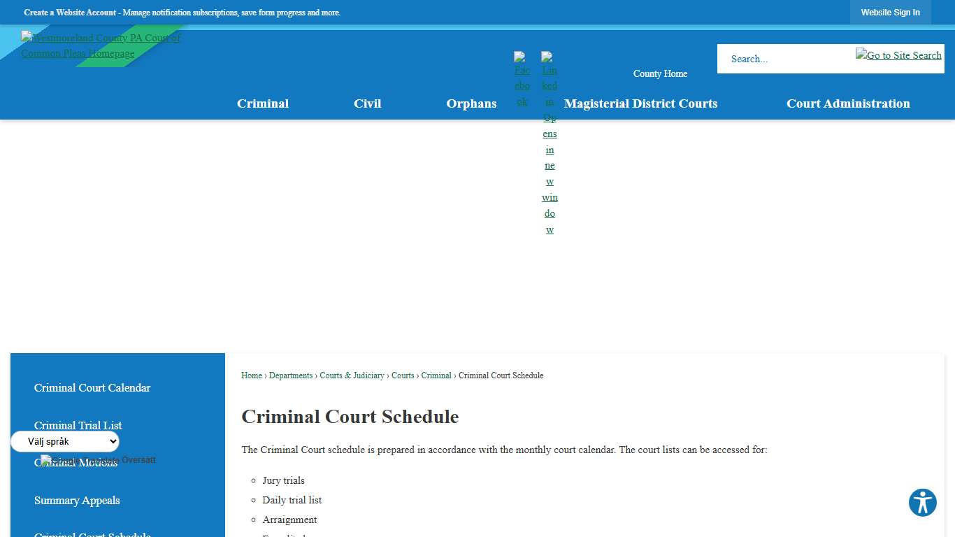 Criminal Court Schedule Westmoreland County, PA - Official Website